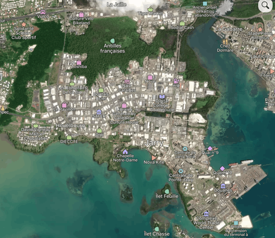 Image satellite du Jarry - un parc industriel tentaculaire qui grignote peu à peu la zone humide